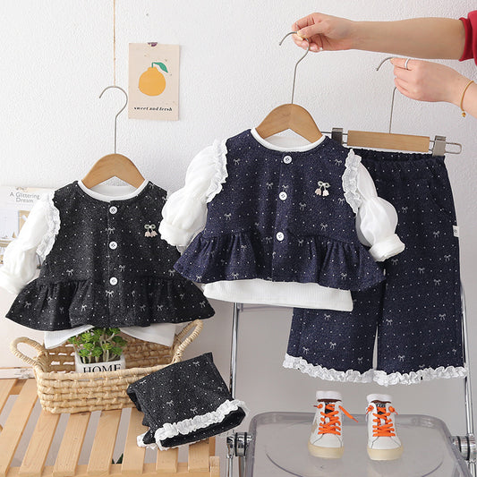Girls' Outfit Set: Stylish Baby Girl Spring and Autumn Bow Vest Long Sleeve Three-Piece Set Infant Children's Clothing