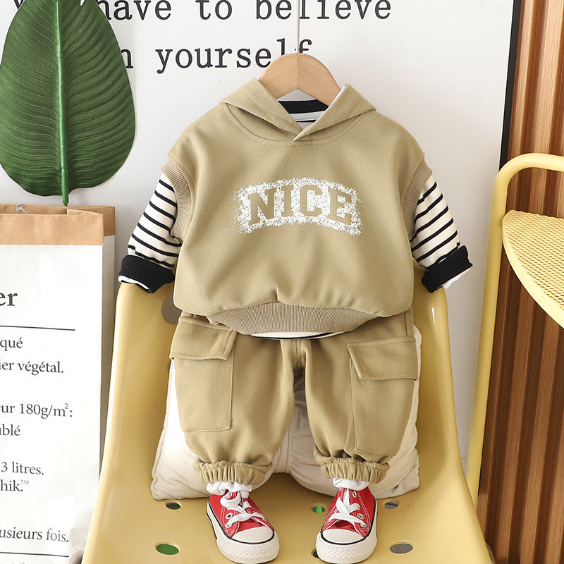 Outfit 2025 Fashionable Children's Clothing Spring and Autumn New Boys' Clothes Hooded Vest Three-Piece Set