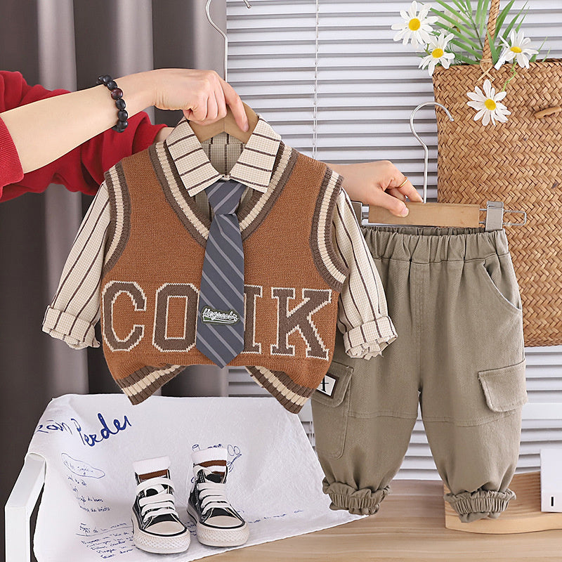 Boys' outfit set, stylish clothing for spring autumn, handsome baby children's wear, British style tie and sweater three-piece set