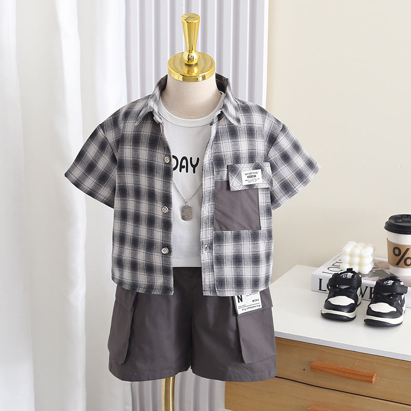 Boys' Outfit 2026 New Children's Clothing Summer Thin Baby Patchwork Shirt Short Sleeve Three-Piece Set Trendy