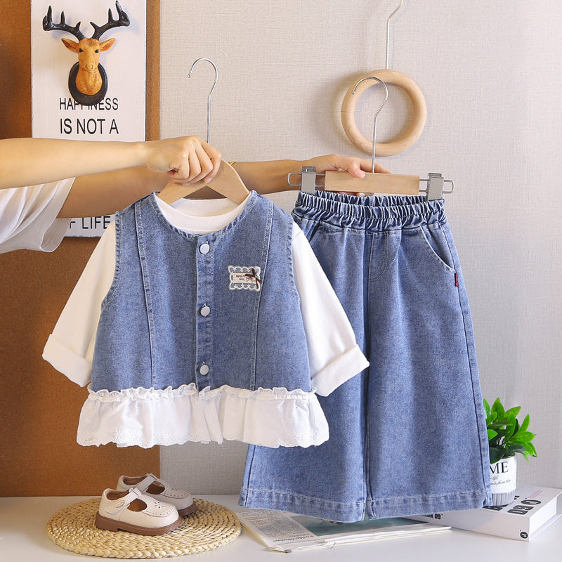 Baby Clothes Spring and Autumn, Cute Long-Sleeve Denim Lace Vest Three-Piece Set for Girls, 0-2 Years Old, Wholesale