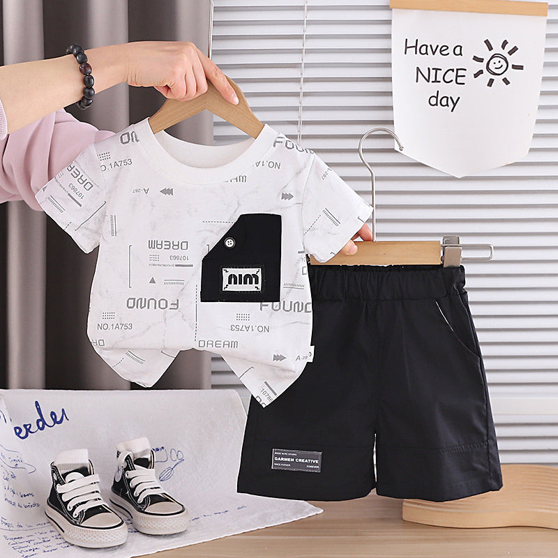 Boys' button pocket short-sleeve suit 2026 new style baby outfit infant children's clothing toddler summer clothes trendy