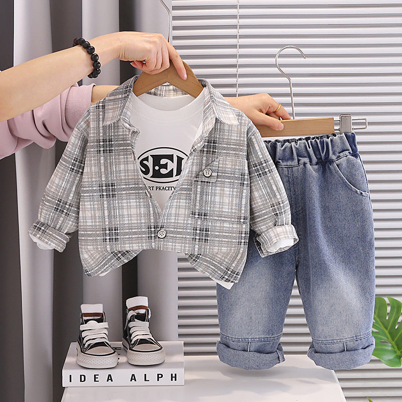 Boys' Outfit 2026 New Style Infant Children's Spring and Autumn Stylish Plaid Shirt Three-Piece Set for Baby Boys