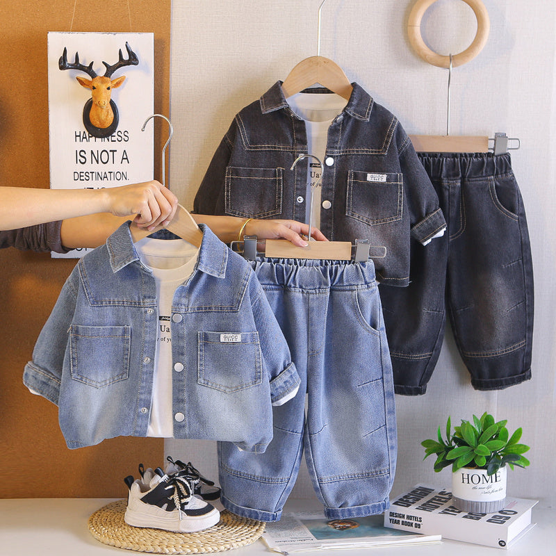 Outfit 2026 New Style Children's Boys' Spring and Autumn Stylish Solid Color Denim Jacket Three-Piece Set Trendy
