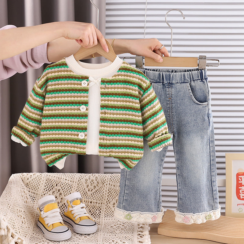 Girls' and Autumn 2, Children's Clothing, Stylish Girls, Striped Sweater Three-Piece Set, Spring Outfit for 1-Year-Old Baby Girls