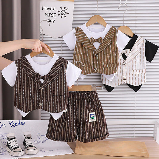 Boys' Summer Stylish Vertical Stripe Fake Three-Piece Short Sleeve Set 2026 New Trendy Thin Baby Clothes for Children