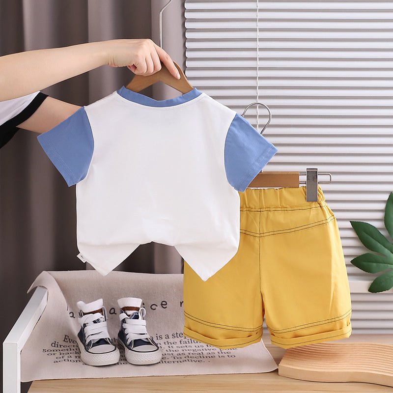 2026 New Thin Cartoon Tent Letter Two-Piece Set for Boys, Summer Children's Short-Sleeve Outfit, Trendy Wholesale