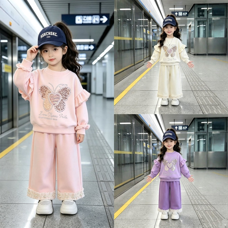 Baby Girl Spring and Outfit Set 2026 New Fashionable Girls' Rhinestone Cute Butterfly Two-Piece Autumn Clothes Trendy