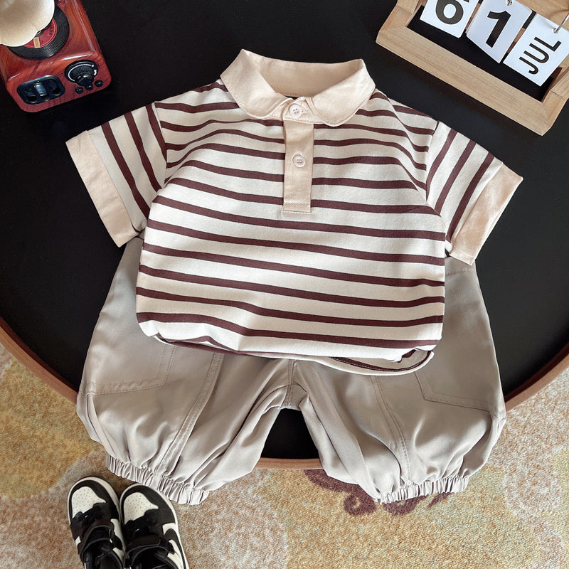 Baby Striped Placket Short Sleeve Two-Piece Infant Children's Clothing 2024 New Boys' Fashionable Summer Outfit Set