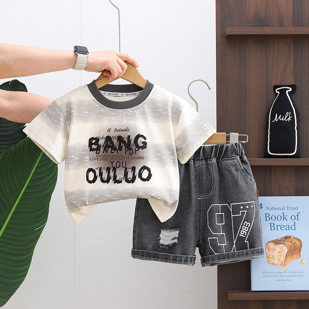 Boys' Summer Outfit 2026 New Stylish Korean Version Children's Gold-Embossed Wide-Striped Short-Sleeve Two-Piece Set Trendy Baby Clothes