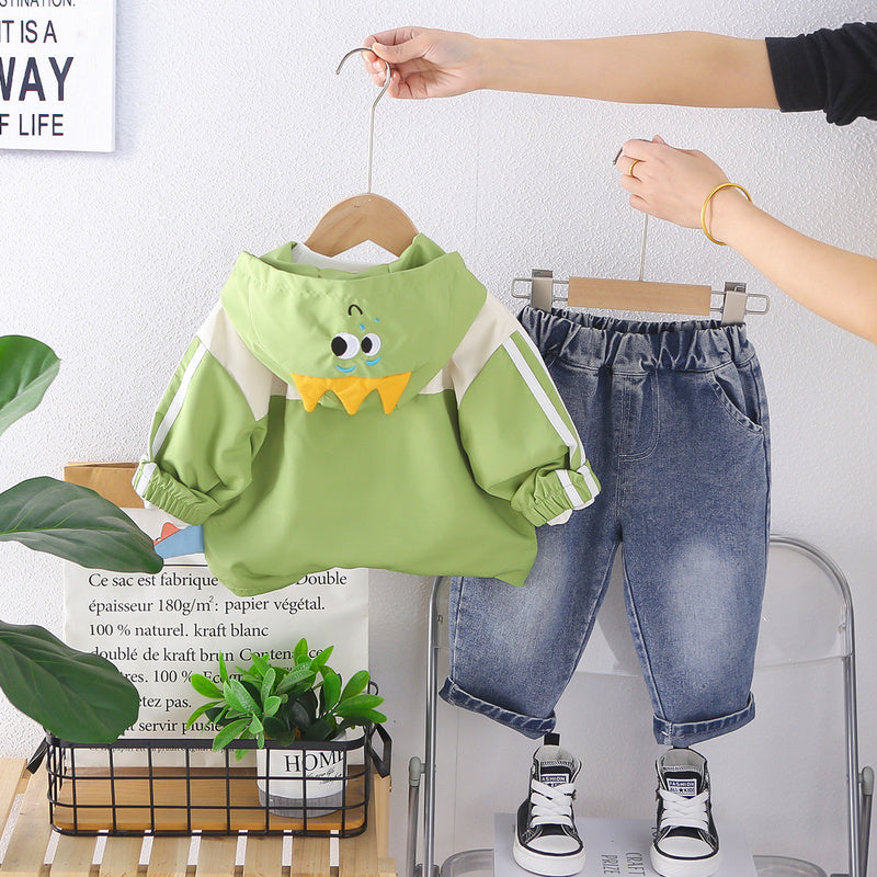 Boys' Spring and Autumn Outfit 2026 New Fashionable Children's Dinosaur Zipper Three-Piece Set Baby Cartoon Long-Sleeve Jacket