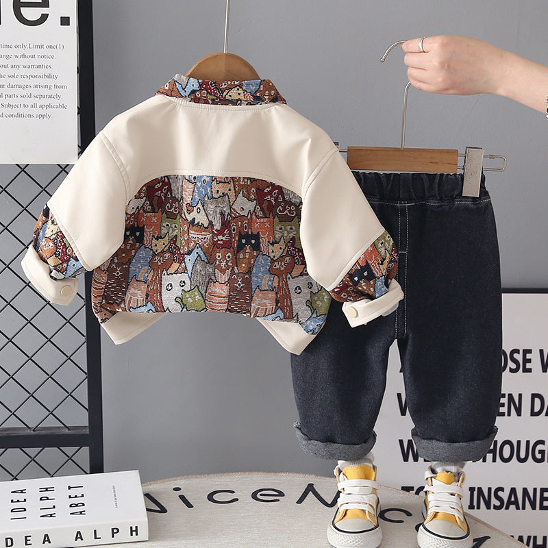 Boys' Autumn Outfit 2026 New Korean Style Round Pocket Leather Jacket Three-Piece Set for Toddlers, Stylish Children's Clothing