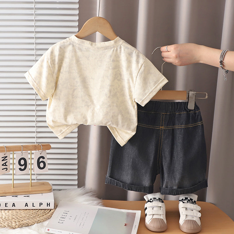Boys' Outfit 2026 New Style Children's Letter Pocket Short Sleeve Korean Version Baby Summer Thin Two-Piece Set Trendy