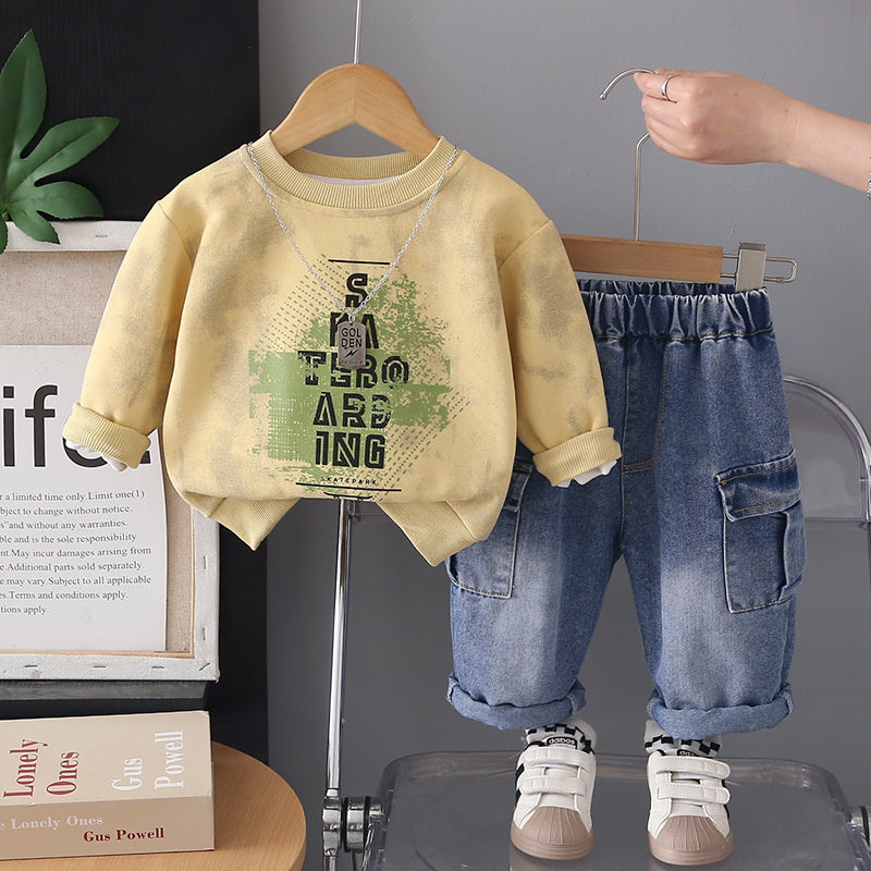 Boys' Spring and Autumn Outfit 2026 New Fashionable Casual Wear for Babies, Children's Letter Sweatshirt Two-Piece Set Trendy