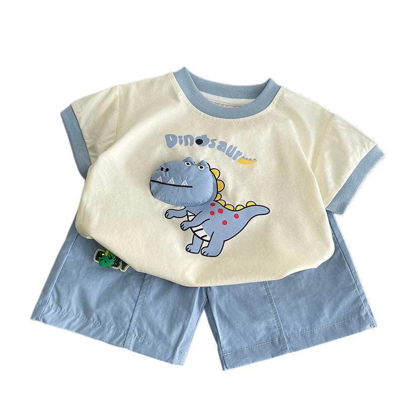 Boys' Outfit Dinosaur Round Neck Short Sleeve New Fashionable Summer Two-Piece Set for Baby Boys with Shorts