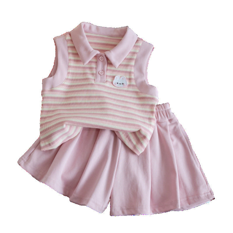 Kindergarten Baby Summer Korean Striped Vest T+ Pleated Cute Pink Shorts Girls Polo Shirt Set