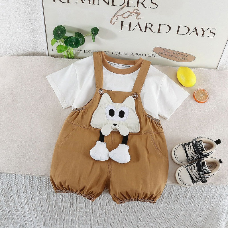 Baby 2026 Long-Pants Dog Overalls Short-Sleeve Korean Style Infant Boy Summer Clothes Two-Piece Set