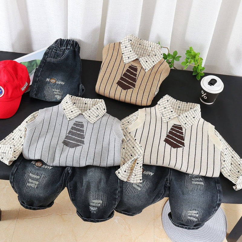 Boys' 2026 New Outfit: Stylish Tie Sweater Three-Piece Set, Baby Clothes for Spring and Autumn