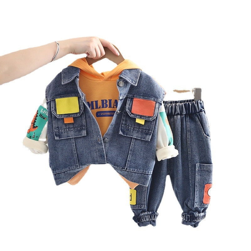 Boys' Clothing Spring and Denim Vest Three-Piece Set Children's Clothes Baby Autumn Outfit 0-1-2 Years Old Trendy