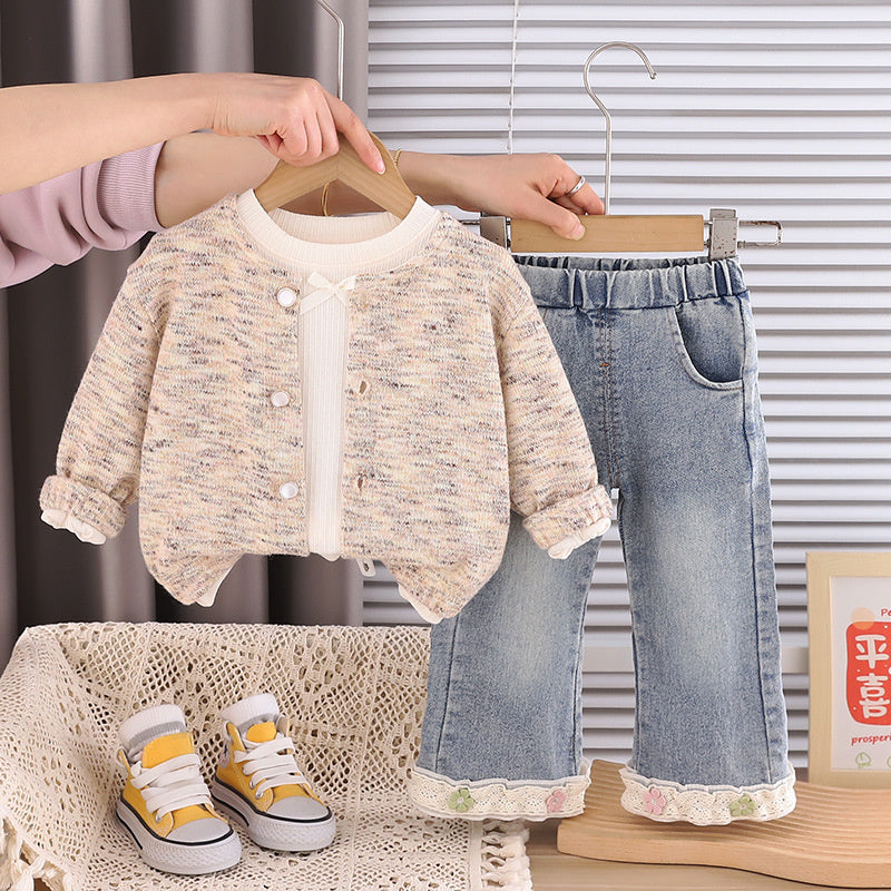 Girls' Stylish Outfit 2026 New Baby Spring and Autumn Colorful Yarn Sweater Long Sleeve Three-Piece Set Children's Casual Trendy Clothing