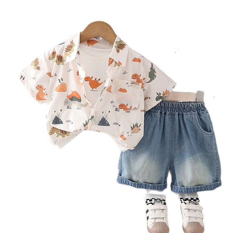 Boy Outfit Korean Style Summer Clothes Cartoon Full-Body Dinosaur Shirt Short Sleeve Shorts Baby Three-Piece Set