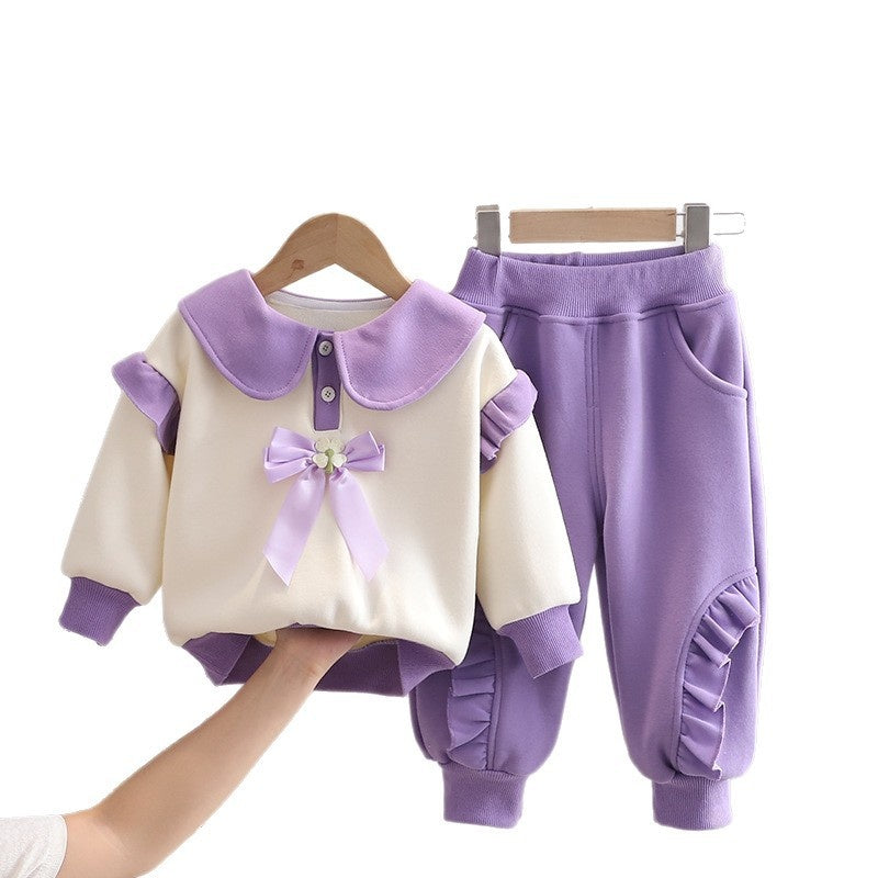Baby Fleece-Lined Bunny Bowknot Sweatshirt for Girls, 2025 New Autumn/Winter Thickened Infant Two-Piece Set