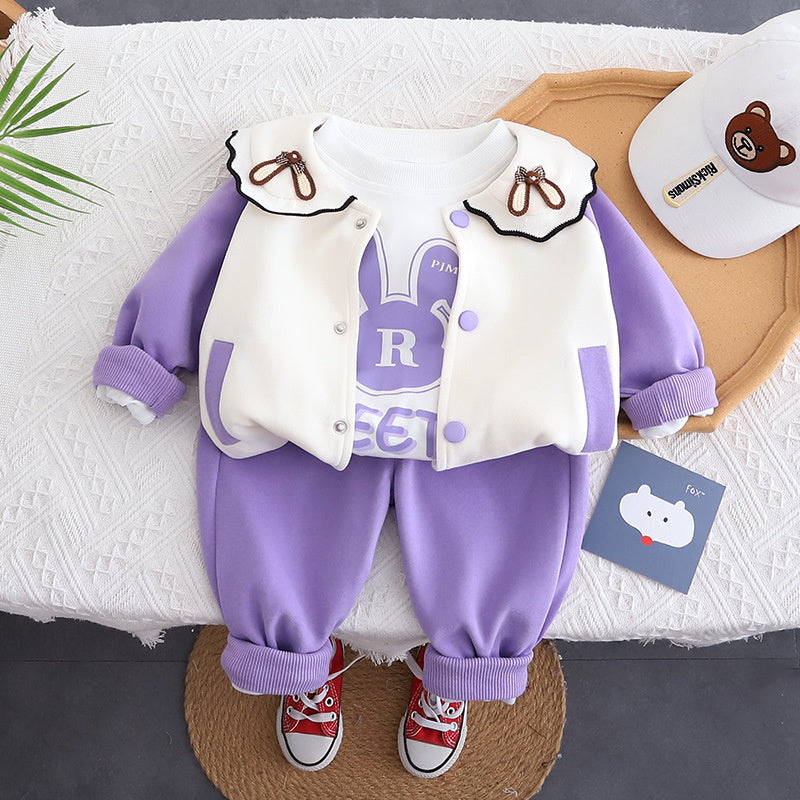 Girls' Outfit Stylish One-Year-Old Baby Clothes Fashionable Toddler Children's Spring and Autumn Ear Bunny Three-Piece Set Trendy