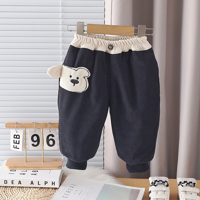 Children's casual side cartoon cotton pants, solid color sports versatile sweatpants for boys, baby toddler autumn and winter pants