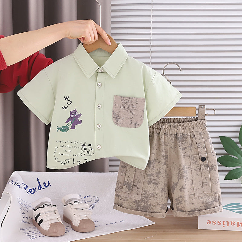 Stylish baby boy outfit for 1-5 year olds, summer two-piece set with a cute cat print short-sleeve shirt and collar