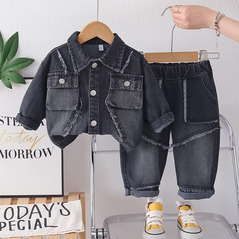 Boys' Suit 2026 New Spring and Autumn Fashionable Children's Stylish Baby Fall Three-Dimensional Frayed Edge Denim Two-Piece Set