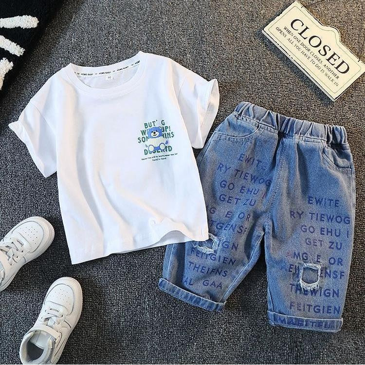 Boys' Summer Outfit 2025 New Fashionable Children's Short Sleeve Set, Stylish Baby Denim Shorts Two-Piece Set