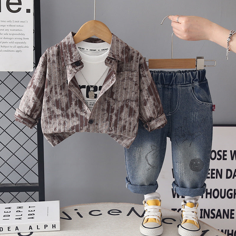 Boys' Outfit 2026 New Stylish Children's Clothing Three-Piece Set Baby Spring and Autumn Striped Shirt Jacket