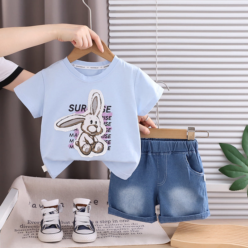 Boys' Summer Outfit 2026 New Fashionable Children's Rabbit Print Short Sleeve Shorts Two-Piece Set Baby Casual Trendy Wholesale
