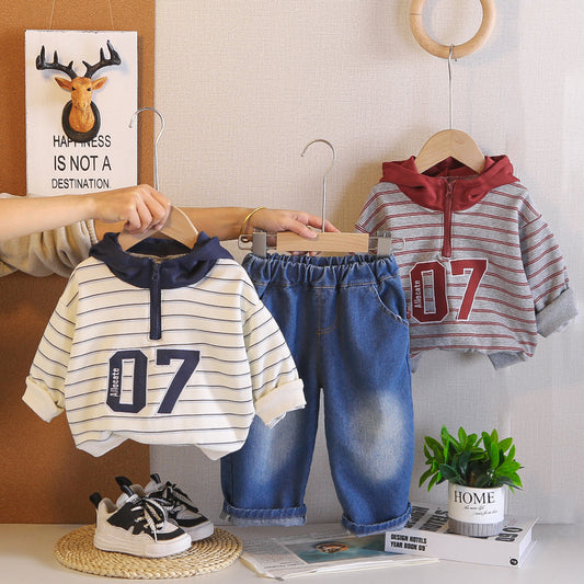 Outfit Set 2026 New Fashionable Toddler Boy Spring and Autumn Striped Hoodie Two-Piece Baby Clothes