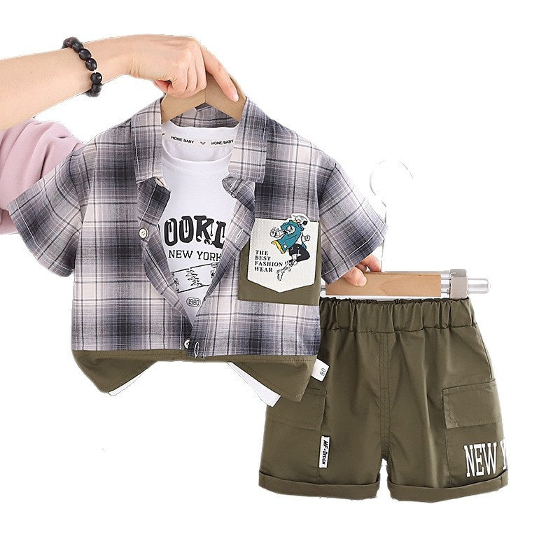 Boys' Summer Outfit 2026 New Fashionable Baby Short-Sleeve Plaid Shirt and Shorts Three-Piece Set Infant Children's Clothing