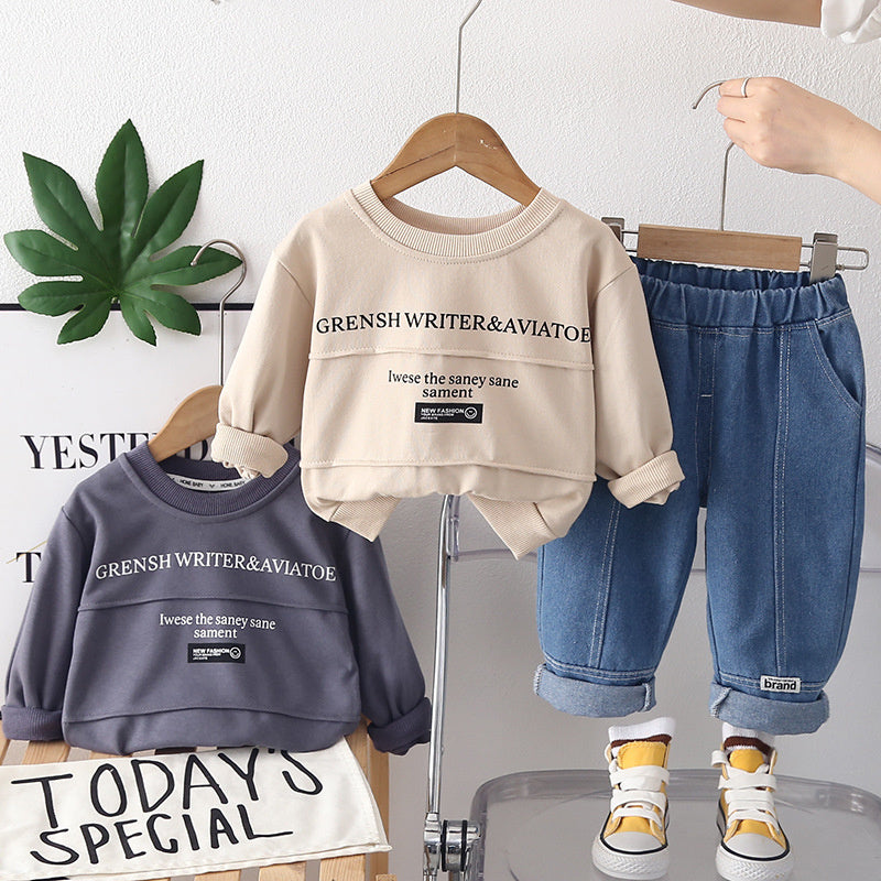 Boys' Autumn Fashionable Letter Patchwork Sweatshirt Two-Piece Set, Stylish Spring Outfit for Toddlers and Infants