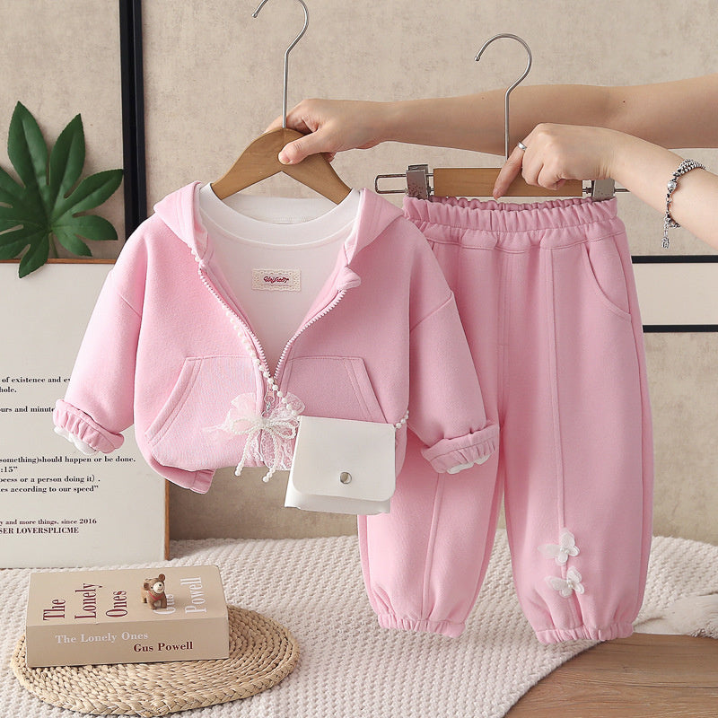 Girls' Outfit 2026 New Korean Style Children's Lace Butterfly Dress Baby Girl Autumn Casual Three-Piece Set