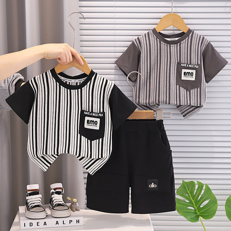 Boys' Outfit 2026 New Style Infant Children's Summer Vertical Stripe Letter Pocket Short Sleeve Two-Piece Set Baby Fashion