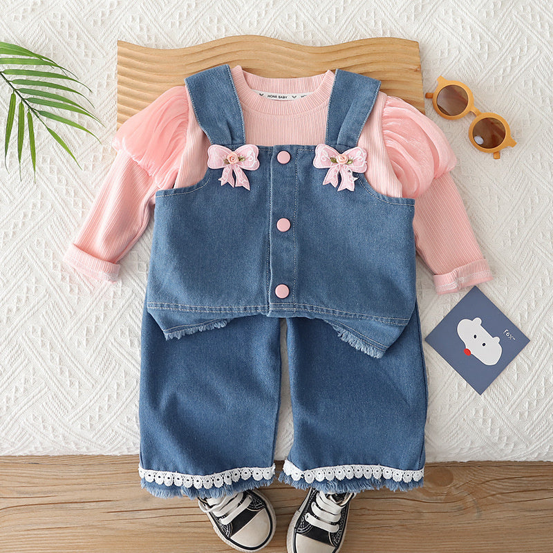 Girls' Spring and Autumn Outfit 2026 New Fashionable Infant Children's Clothing Baby Casual Denim Vest Three-Piece Set Trendy