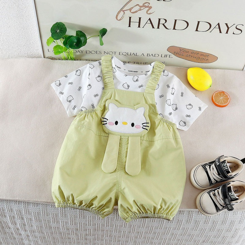 Children's Short-Sleeve 2026 New Summer Cartoon Kitten Overalls and Shorts Two-Piece Set for Girls