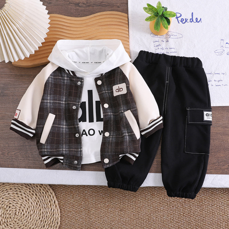 Boys' Outfit 2026 New Fashionable Children's Spring and Autumn Hooded Baseball Jacket Three-Piece Set Baby Trendy Clothing