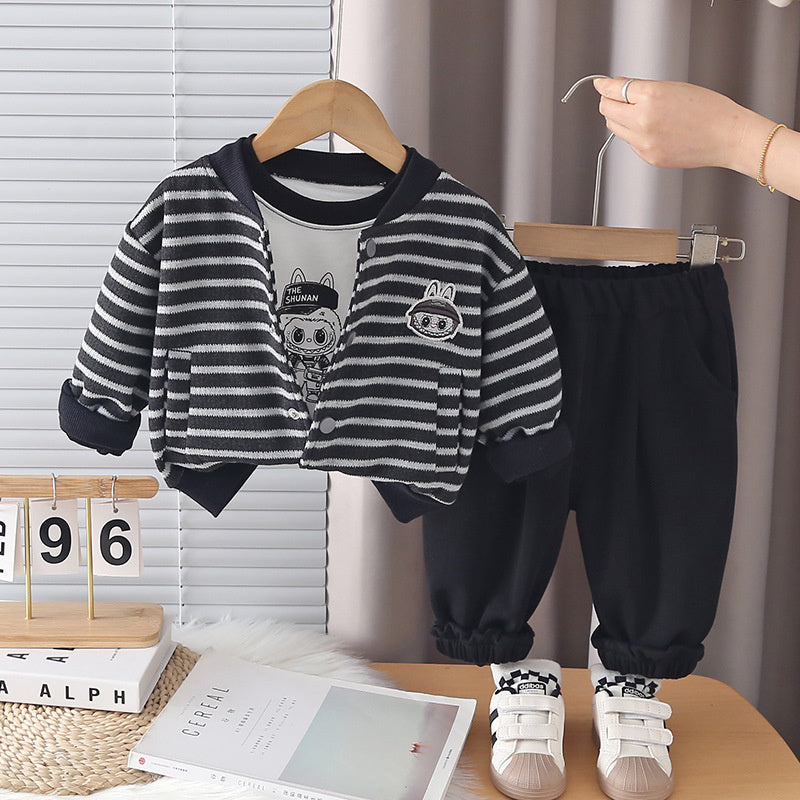 Baby Spring Fashion Outfit 2026 New Spring-Autumn Cute Striped Jacket Three-Piece Set Children's Trendy Clothes
