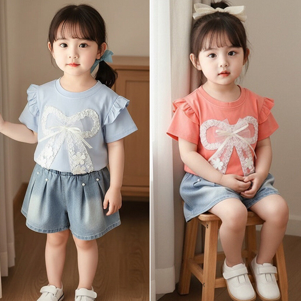 Girls' Short-Sleeve Outfit with Big Bow 1-4 Year Olds, Baby Clothes, Children's Wear, Lightweight Summer Clothing for Toddlers