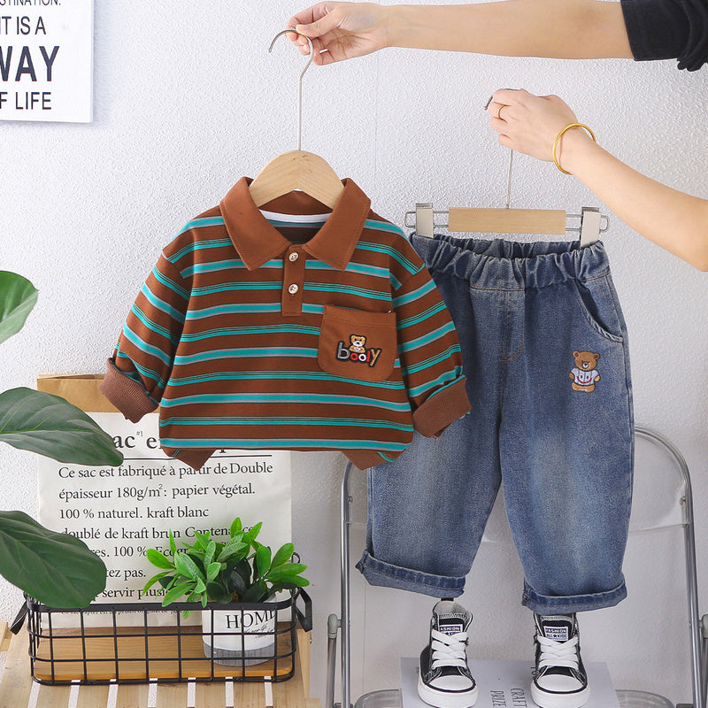Boys' Outfit 2026 New Fashionable Baby Clothing, Spring and Autumn Striped Pocket Bear Button-Up Shirt Two-Piece Set