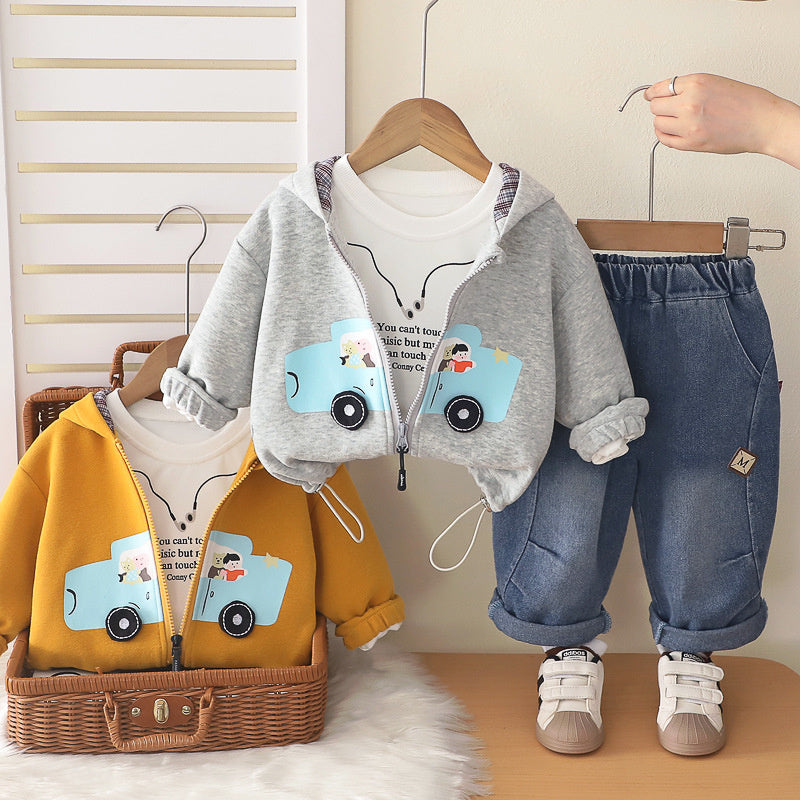 Boys' Outfit 2026 New Style Infant Children's Spring and Autumn Fashionable Baby Car Zipper Jacket Three-Piece Set