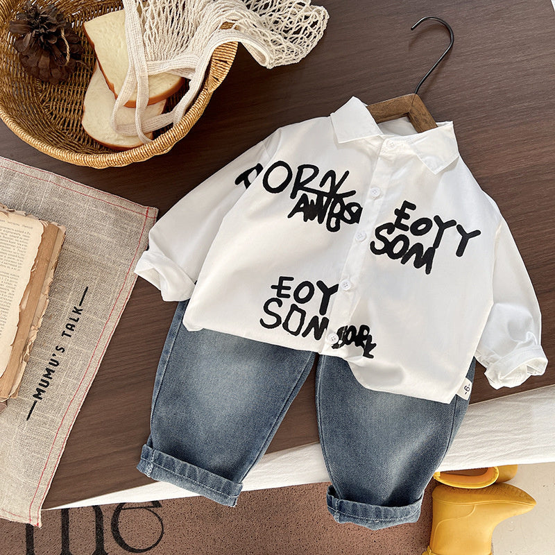 Boys' Outfit: Letter Print Shirt Set, Casual Trendy, Long Sleeve Two-Piece Set for Babies Toddlers in Spring and Autumn