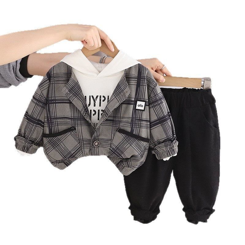 Boys' Suit 2026 New Style Children's Fashionable Clothing Baby Spring and Autumn Hooded Plaid Three-Piece Set Trendy