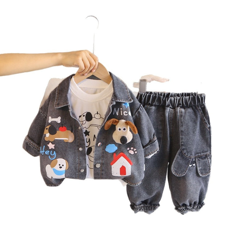 Boys' Spring and Outfit 2026 New Fashionable Children's Three-Piece Set with 3D Puppy Denim Design for Babies, Autumn Trend Wholesale