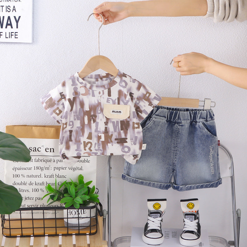 Boys' Outfit 2026 New Model Children's Short Sleeve Two-Piece Set with Pocket Cover, Baby Summer Casual Round Neck Clothes
