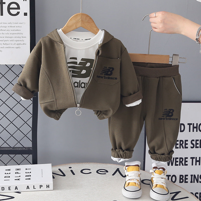 Boys' stylish outfit: 2-piece children's zip-up shirt, handsome spring and autumn wear for 1-5 year old toddlers, letter-printed flat-shoulder three-piece set
